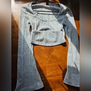 SHEIN Light Gray Ribbed Long Sleeve Scoop Crop Top